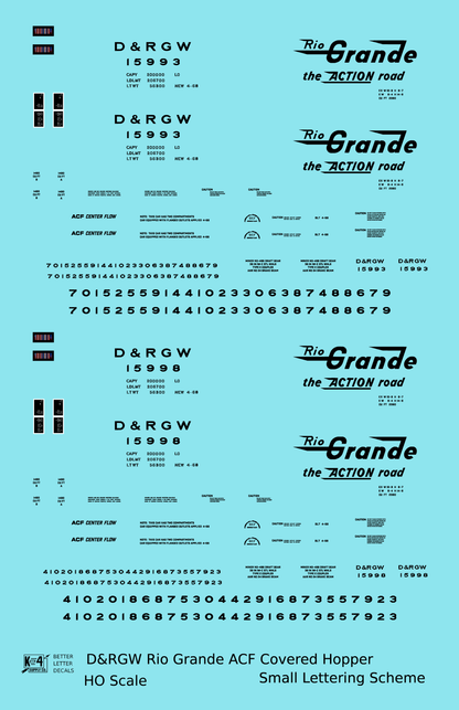 Rio Grande Two Bay ACF Covered Hopper Black Small Lettering - Decal - Choose Scale