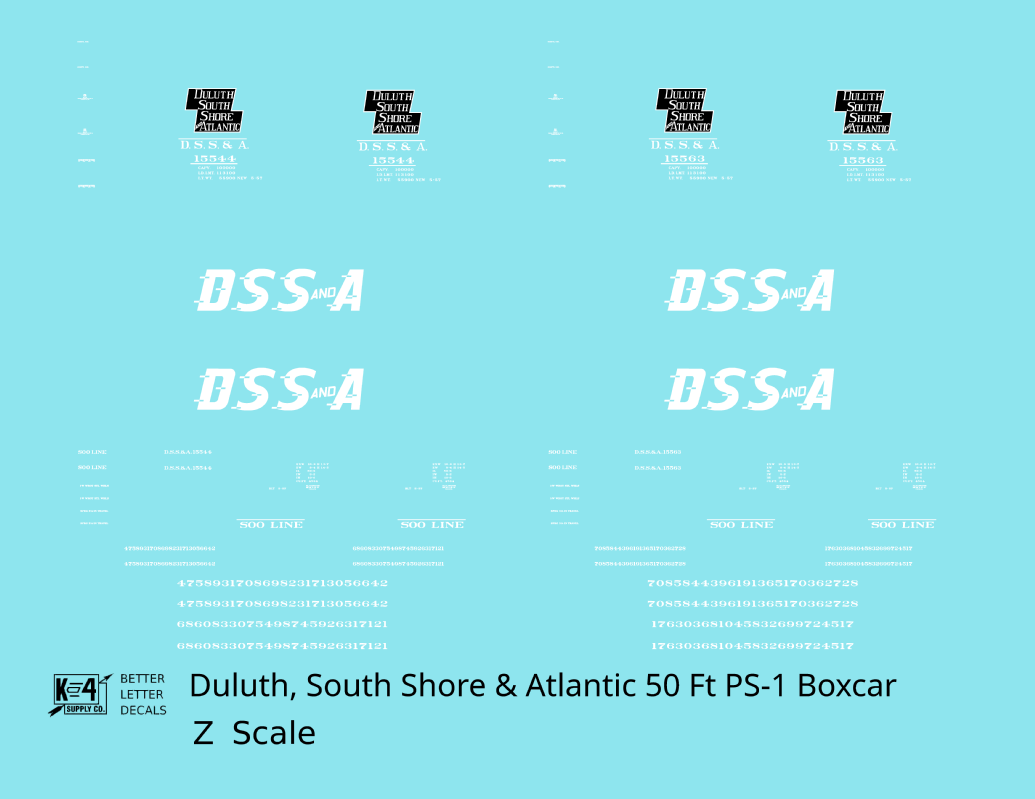 Duluth South Shore and Atlantic DSSA 50 Ft Double Door Boxcar White  - Decal - Choose Scale