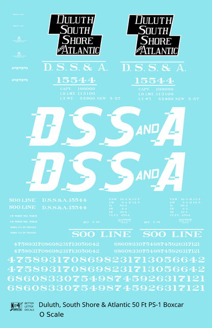 Duluth South Shore and Atlantic DSSA 50 Ft Double Door Boxcar White  - Decal - Choose Scale