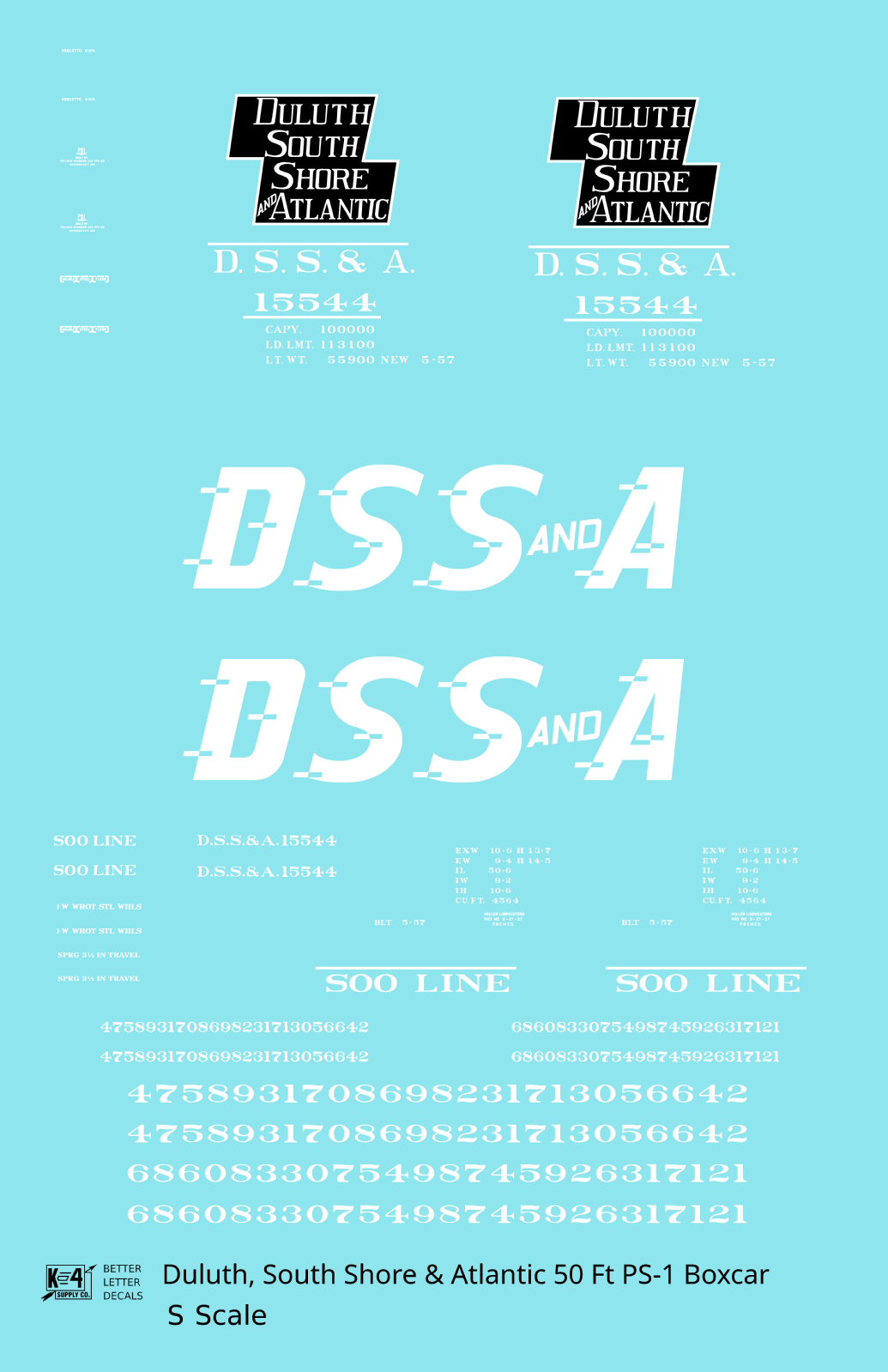Duluth South Shore and Atlantic DSSA 50 Ft Double Door Boxcar White  - Decal - Choose Scale