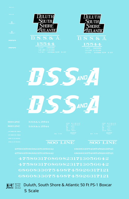 Duluth South Shore and Atlantic DSSA 50 Ft Double Door Boxcar White  - Decal - Choose Scale
