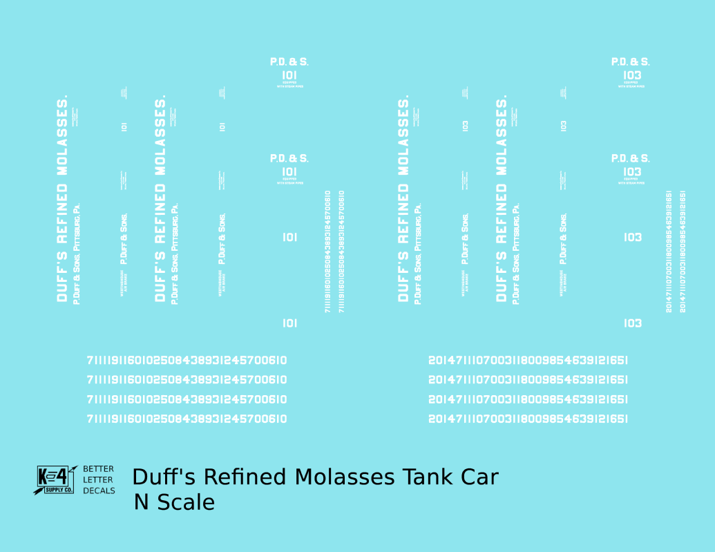 Duff’s Refined Molasses Early Tank Car White