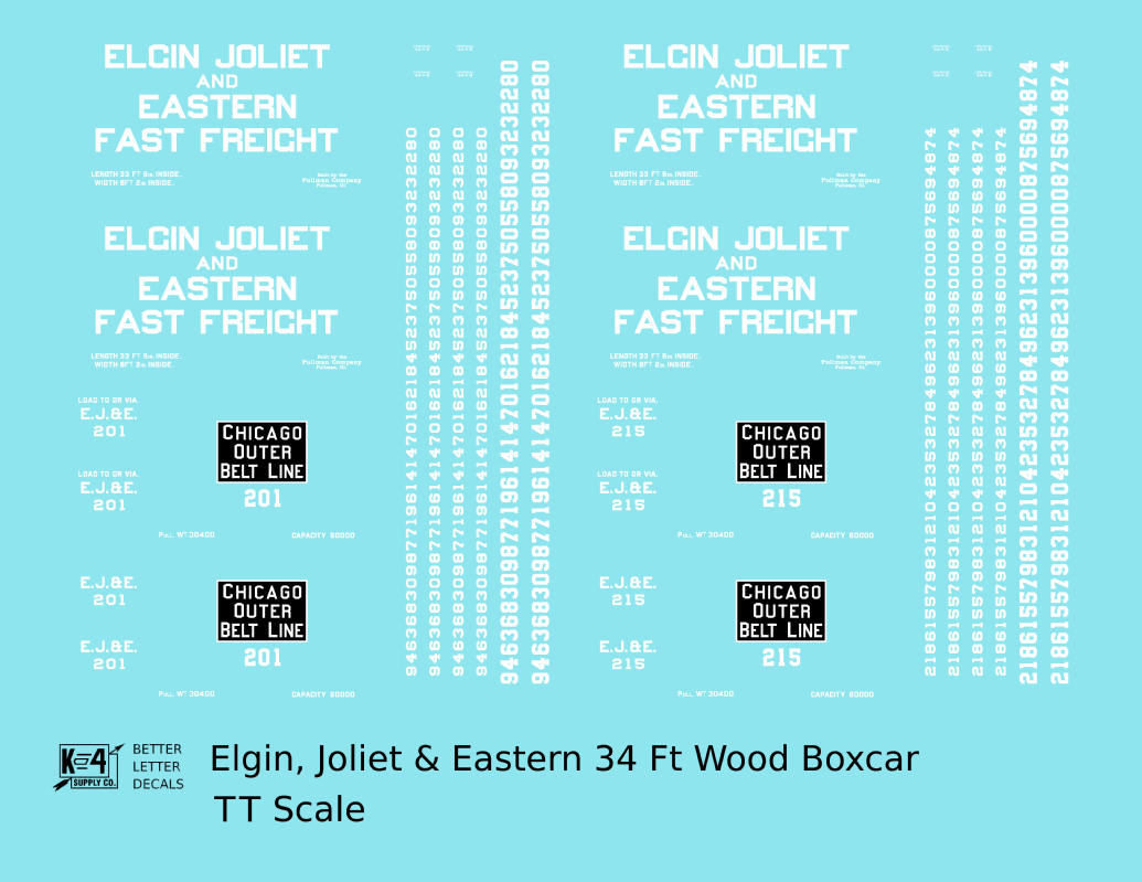 Elgin Joliet and Eastern 34 Ft Wood Boxcar White Fast Freight - Decal - Choose Scale
