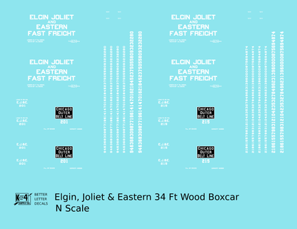 Elgin Joliet and Eastern 34 Ft Wood Boxcar White Fast Freight - Decal - Choose Scale