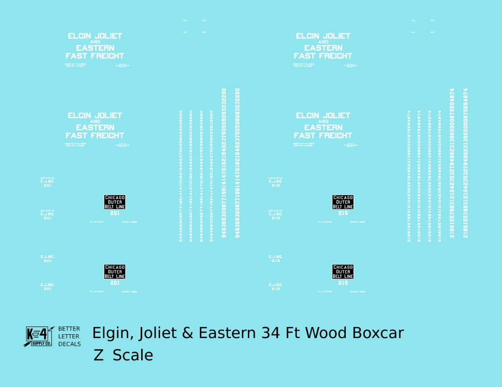 Elgin Joliet and Eastern 34 Ft Wood Boxcar White Fast Freight - Decal - Choose Scale
