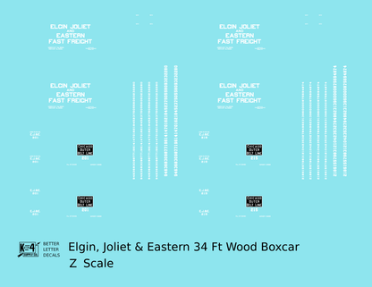 Elgin Joliet and Eastern 34 Ft Wood Boxcar White Fast Freight - Decal - Choose Scale