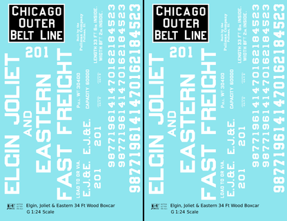 Elgin Joliet and Eastern 34 Ft Wood Boxcar White Fast Freight - Decal - Choose Scale