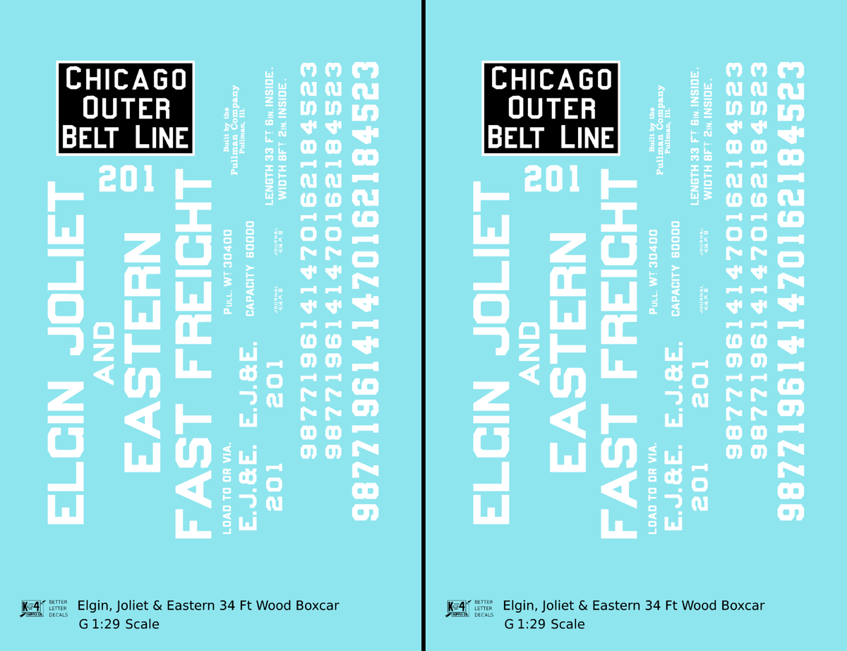 Elgin Joliet and Eastern 34 Ft Wood Boxcar White Fast Freight - Decal - Choose Scale