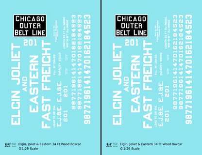 Elgin Joliet and Eastern 34 Ft Wood Boxcar White Fast Freight - Decal - Choose Scale