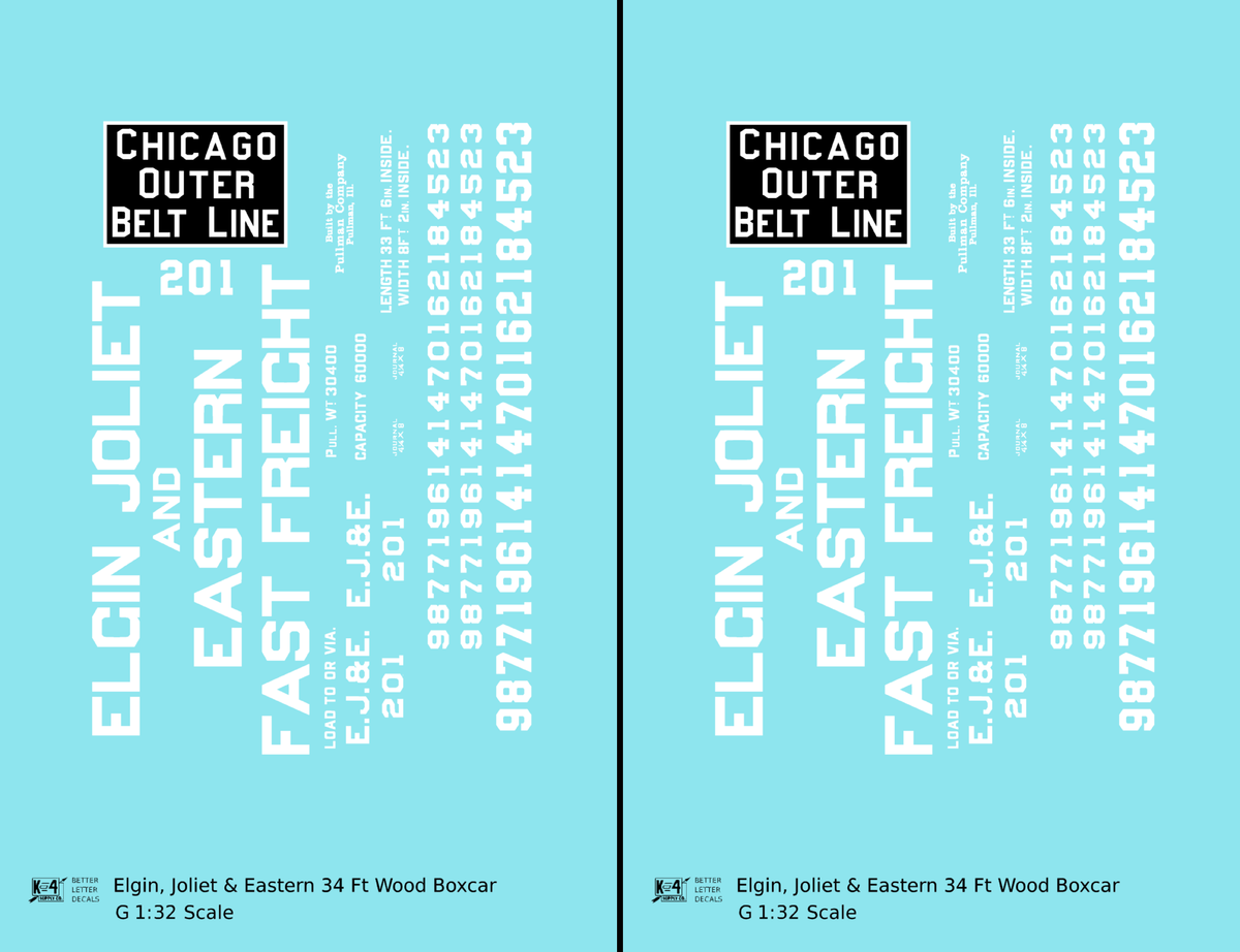 Elgin Joliet and Eastern 34 Ft Wood Boxcar White Fast Freight - Decal - Choose Scale