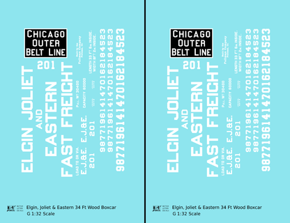 Elgin Joliet and Eastern 34 Ft Wood Boxcar White Fast Freight - Decal - Choose Scale