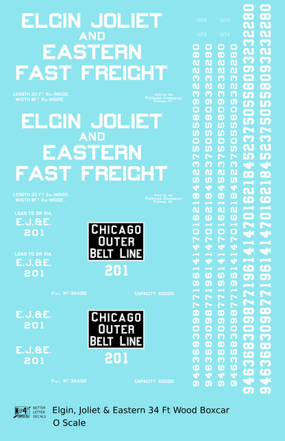 Elgin Joliet and Eatern 34 Ft Wood Boxcar White Fast Freight - Decal Sheet