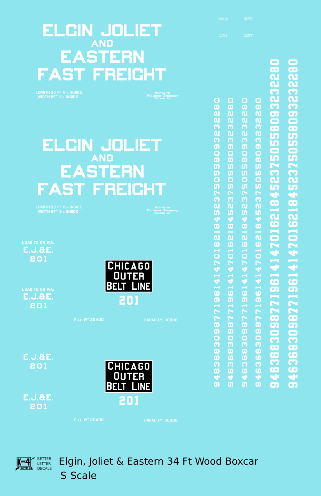 Elgin Joliet and Eastern 34 Ft Wood Boxcar White Fast Freight - Decal - Choose Scale