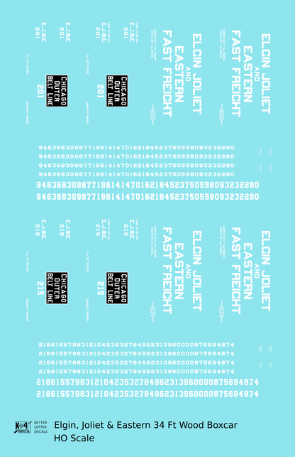 Elgin Joliet and Eastern 34 Ft Wood Boxcar White Fast Freight - Decal - Choose Scale