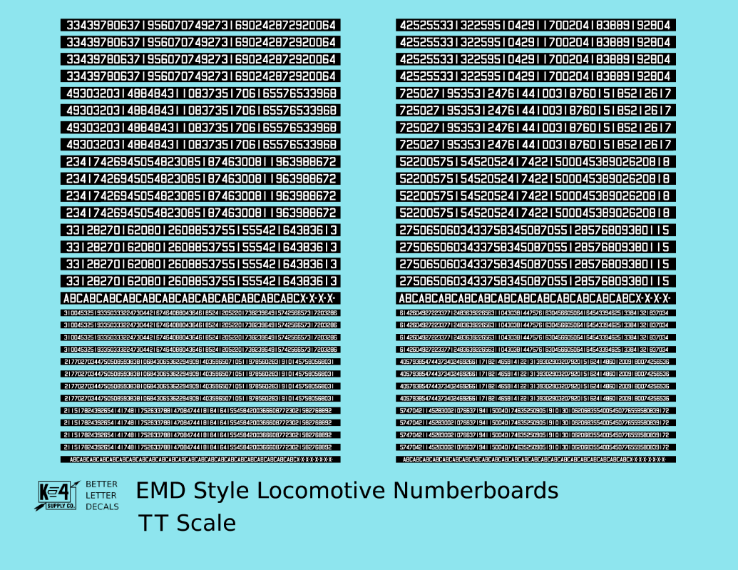 EMD Locomotive Number Board Numbers  White On Black Numberboard