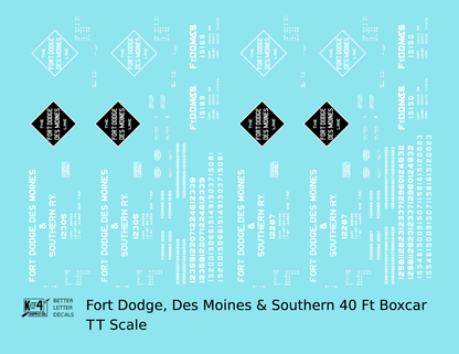 Fort Dodge, Des Moines and Southern 40 Ft Steel Boxcar White and Black FDDMS
