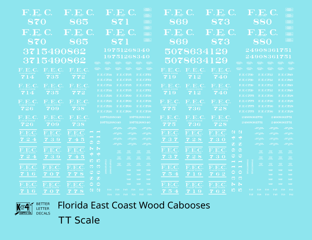 Florida East Coast Wood Caboose White  - Decal - Choose Scale