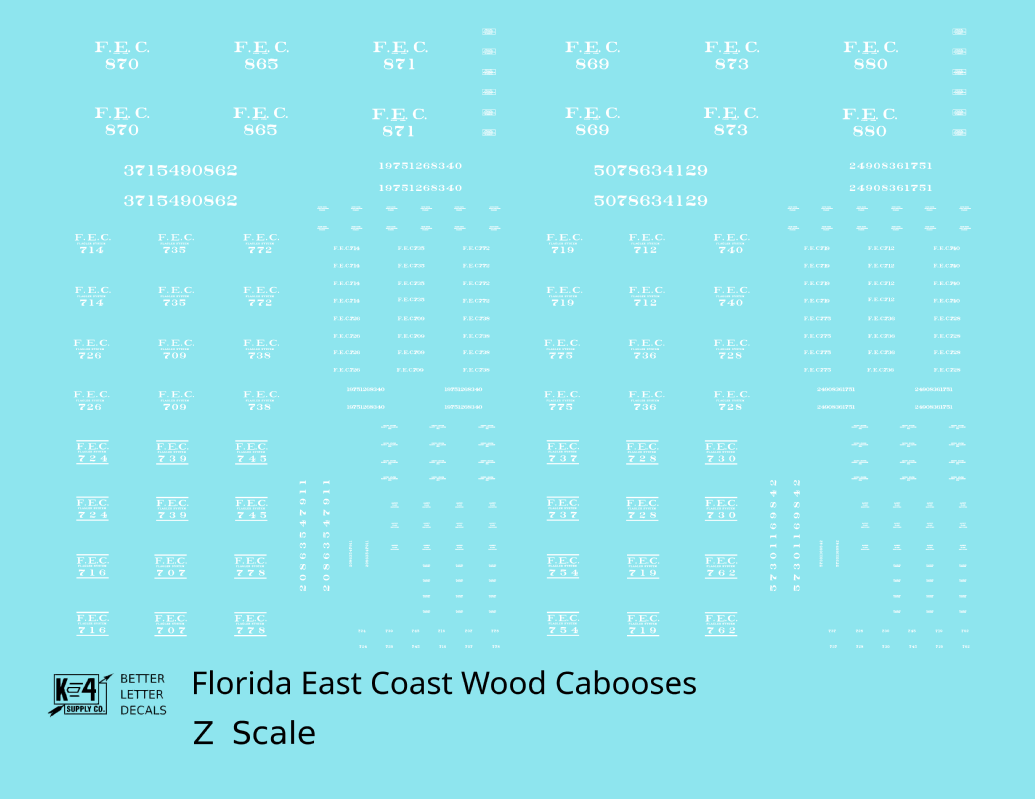 Florida East Coast Wood Caboose White  - Decal - Choose Scale
