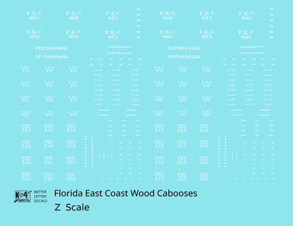 Florida East Coast Wood Caboose White  - Decal - Choose Scale