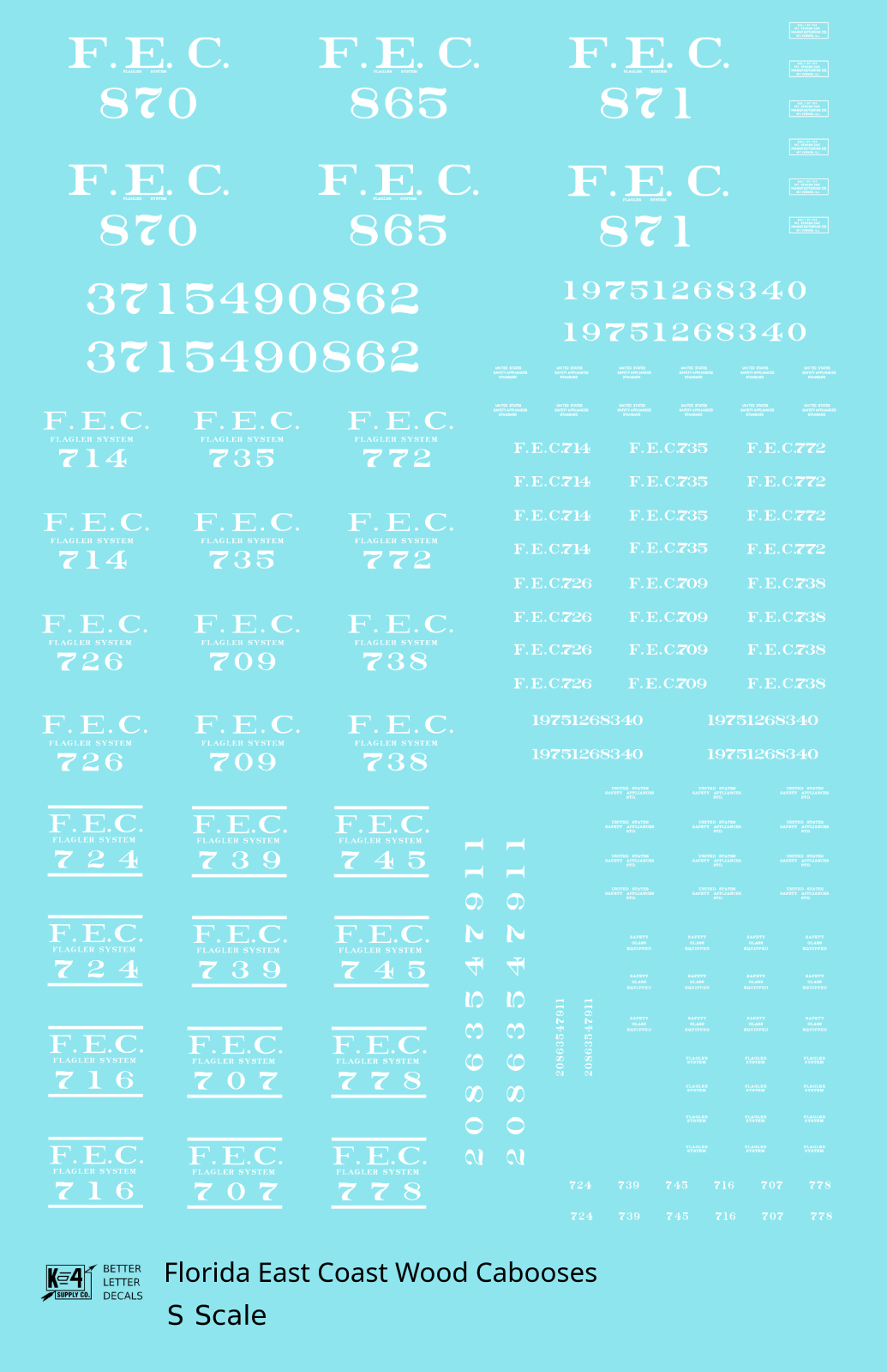 Florida East Coast Wood Caboose White  - Decal - Choose Scale