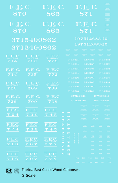 Florida East Coast Wood Caboose White  - Decal - Choose Scale