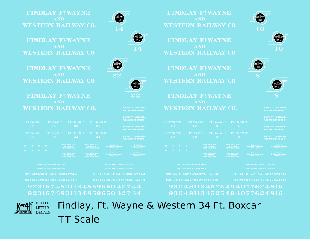 Findlay, Fort Wayne and Western 34 Ft Wood Boxcar White and Black Tangent Line - Decal - Choose Scale