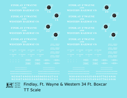 Findlay, Fort Wayne and Western 34 Ft Wood Boxcar White and Black Tangent Line - Decal - Choose Scale