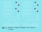 Findlay, Fort Wayne and Western 34 Ft Wood Boxcar White and Black Tangent Line - Decal - Choose Scale