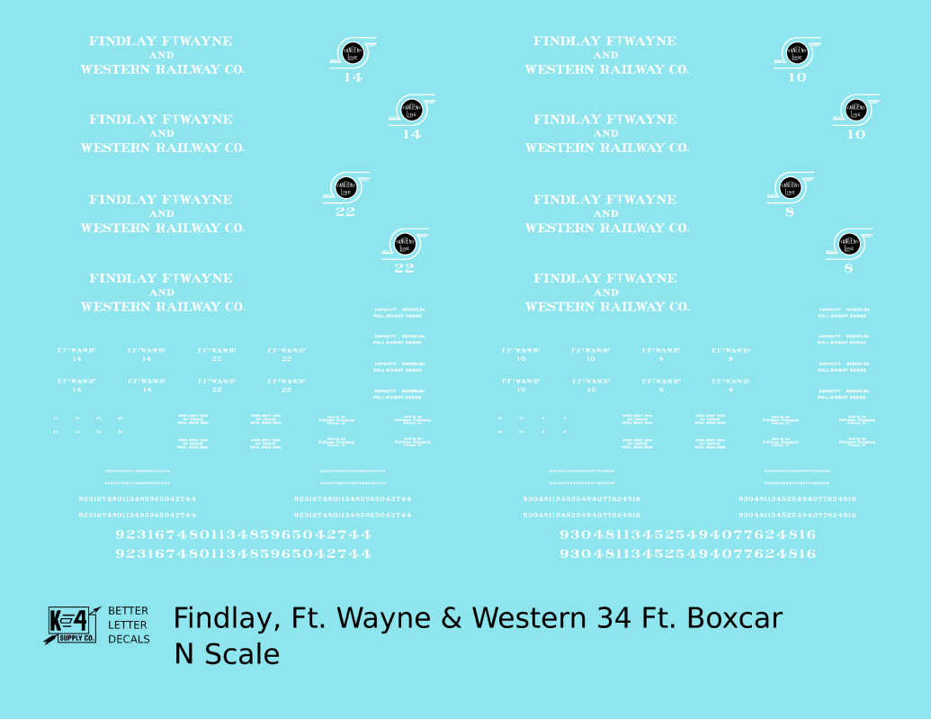 Findlay, Fort Wayne and Western 34 Ft Wood Boxcar White and Black Tangent Line - Decal - Choose Scale