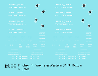 Findlay, Fort Wayne and Western 34 Ft Wood Boxcar White and Black Tangent Line - Decal - Choose Scale
