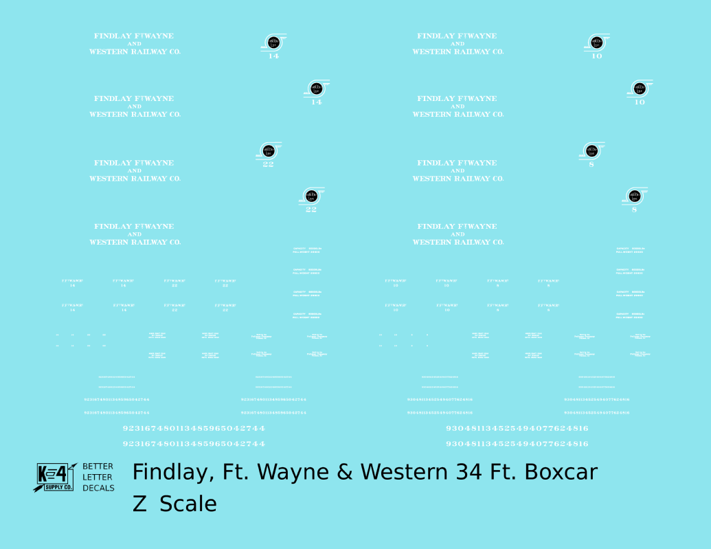 Findlay, Fort Wayne and Western 34 Ft Wood Boxcar White and Black Tangent Line - Decal - Choose Scale
