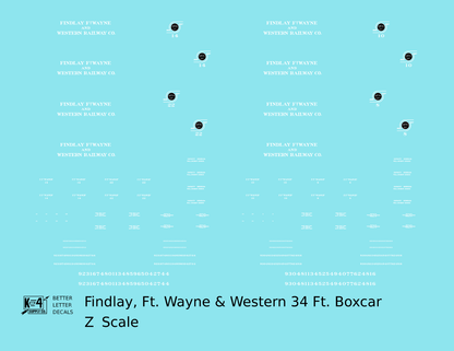 Findlay, Fort Wayne and Western 34 Ft Wood Boxcar White and Black Tangent Line - Decal - Choose Scale