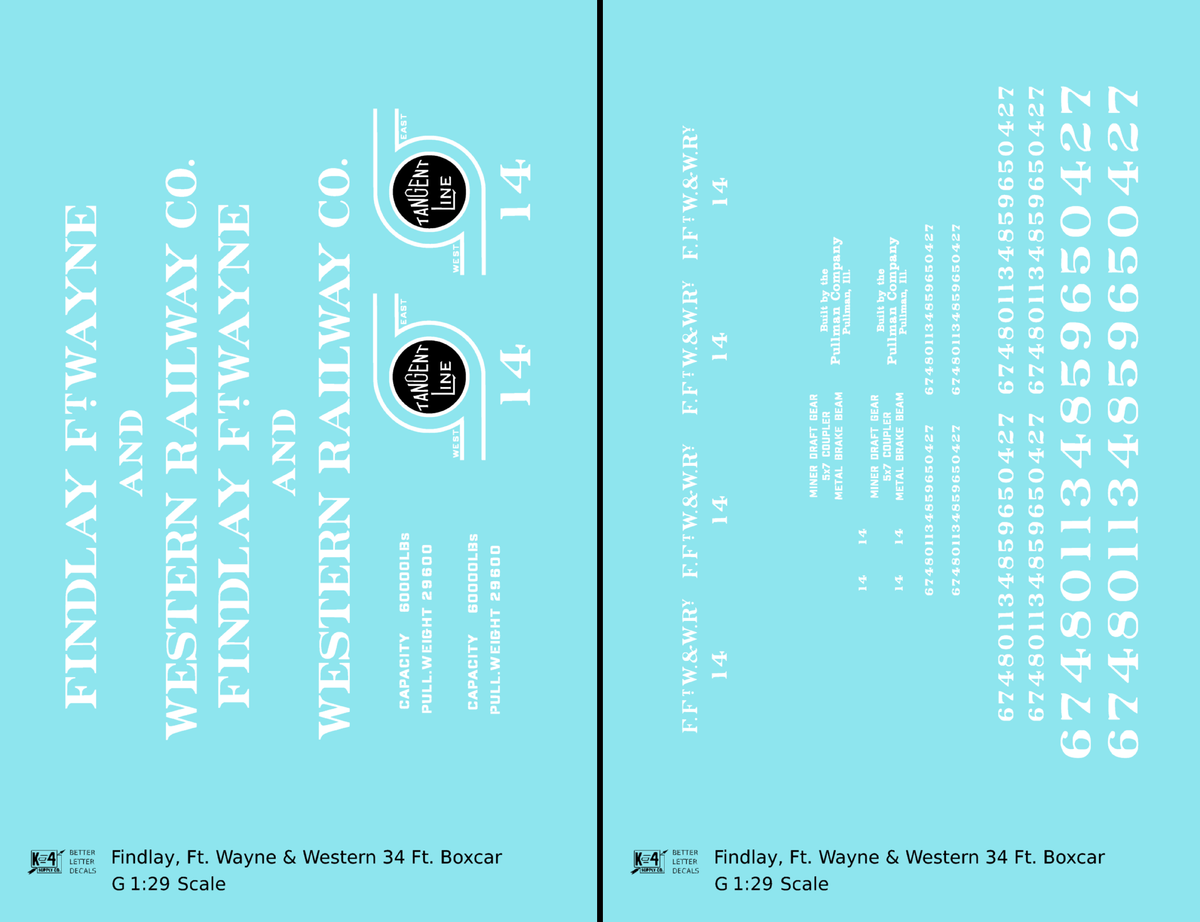 Findlay, Fort Wayne and Western 34 Ft Wood Boxcar White and Black Tangent Line - Decal - Choose Scale