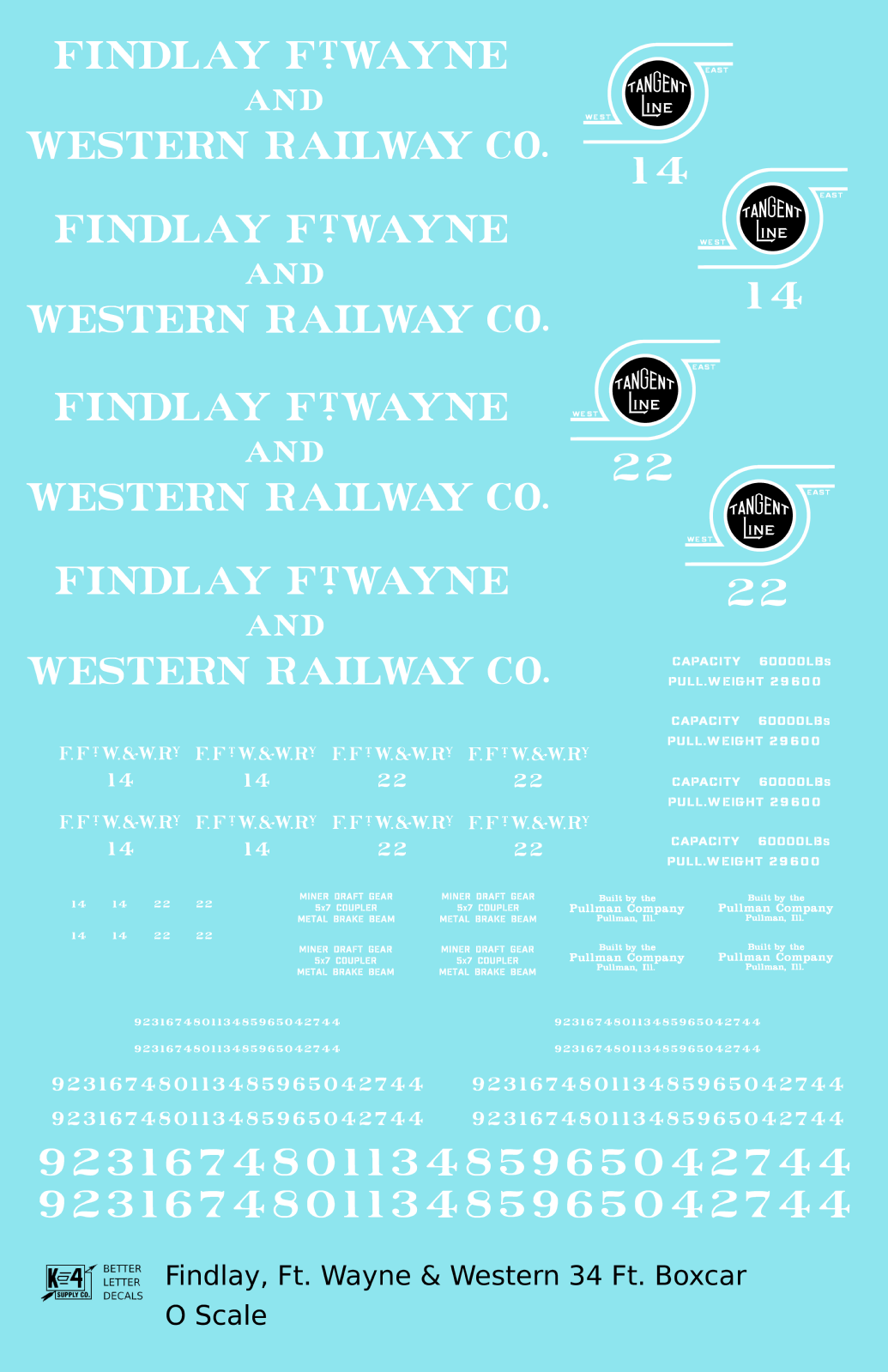 Findlay, Fort Wayne and Western 34 Ft Wood Boxcar White and Black Tangent Line - Decal Sheet