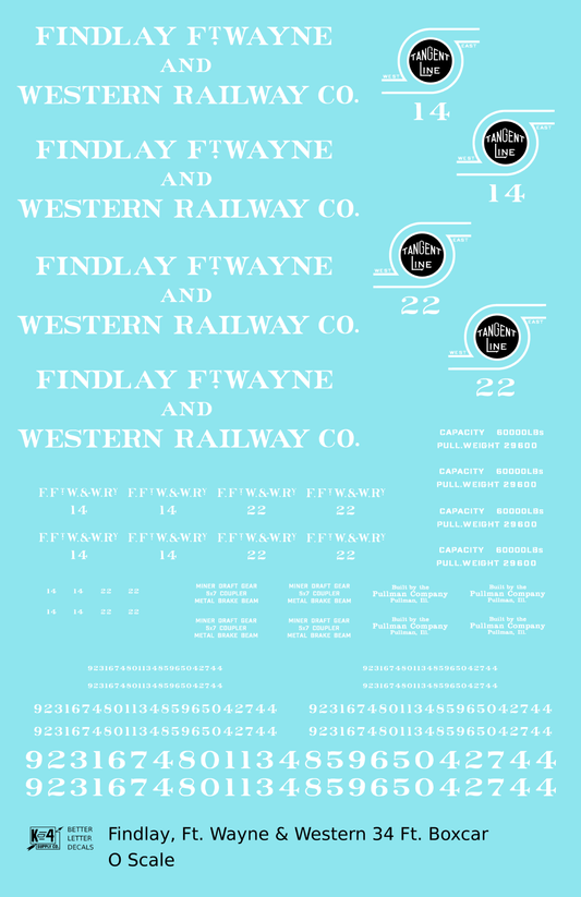 Findlay, Fort Wayne and Western 34 Ft Wood Boxcar White and Black Tangent Line - Decal Sheet
