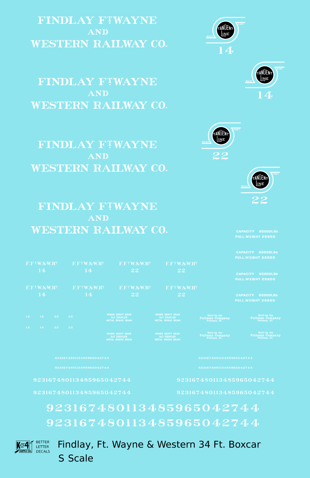 Findlay, Fort Wayne and Western 34 Ft Wood Boxcar White and Black Tangent Line - Decal - Choose Scale
