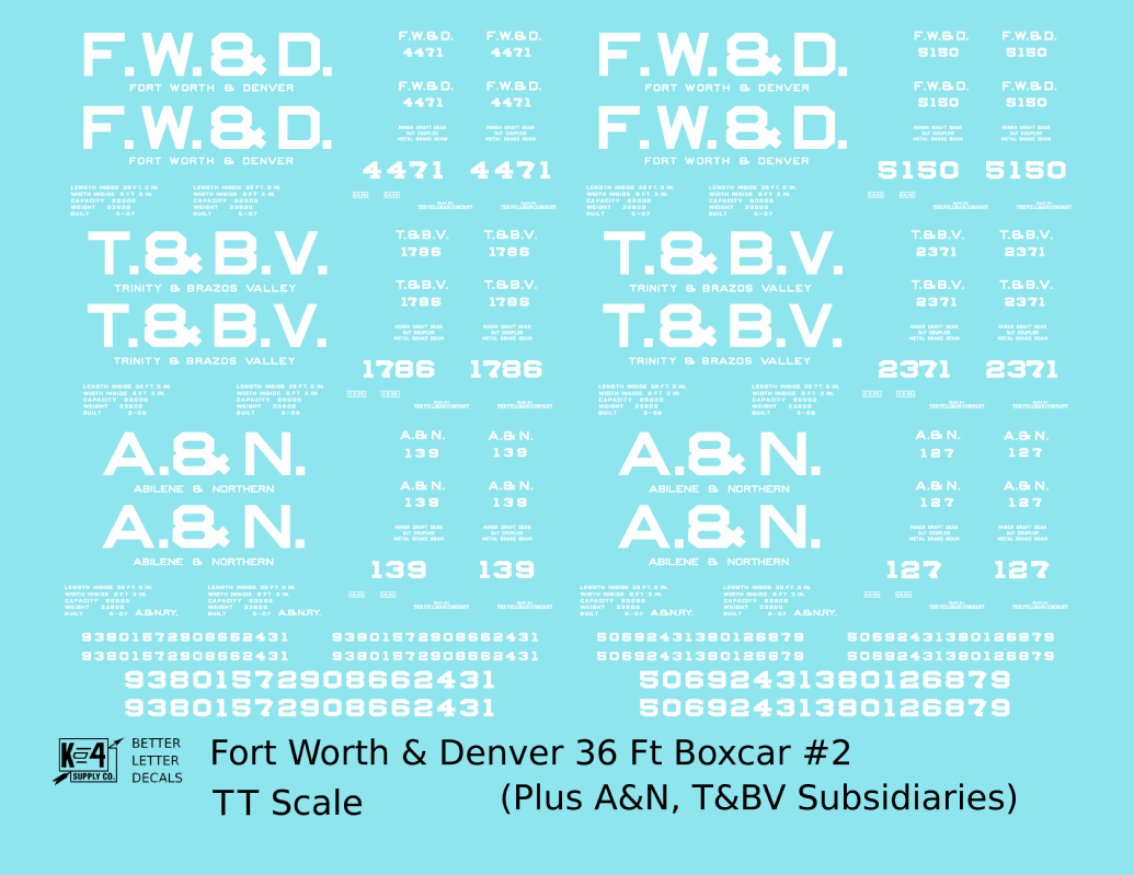 Fort Worth and Denver, Trinity and Brazos Valley, Abilene and Northern 36 Ft Wood Boxcar White