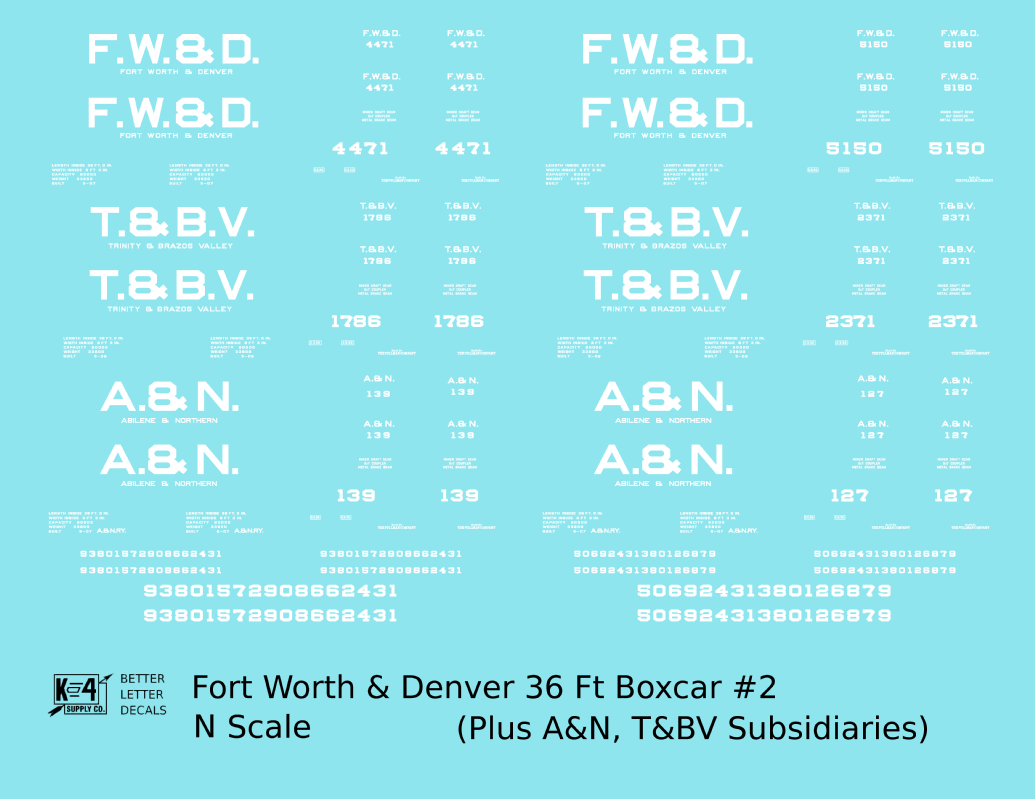 Fort Worth and Denver, Trinity and Brazos Valley, Abilene and Northern 36 Ft Wood Boxcar White