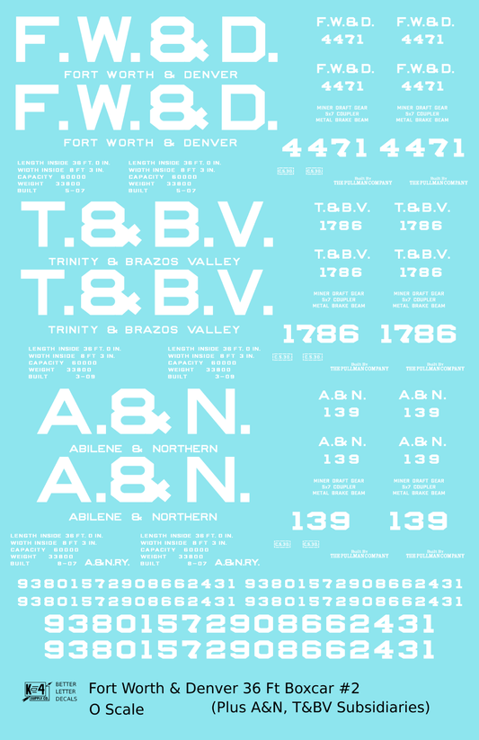 Fort Worth and Denver, Trinity and Brazos Valley, Abilene and Northern 36 Ft Wood Boxcar White  - Decal Sheet