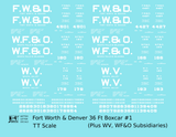 Fort Worth and Denver, Wichita Falls and Oklahoma, Wichita Valley 36 Ft Wood Boxcar White  - Decal - Choose Scale