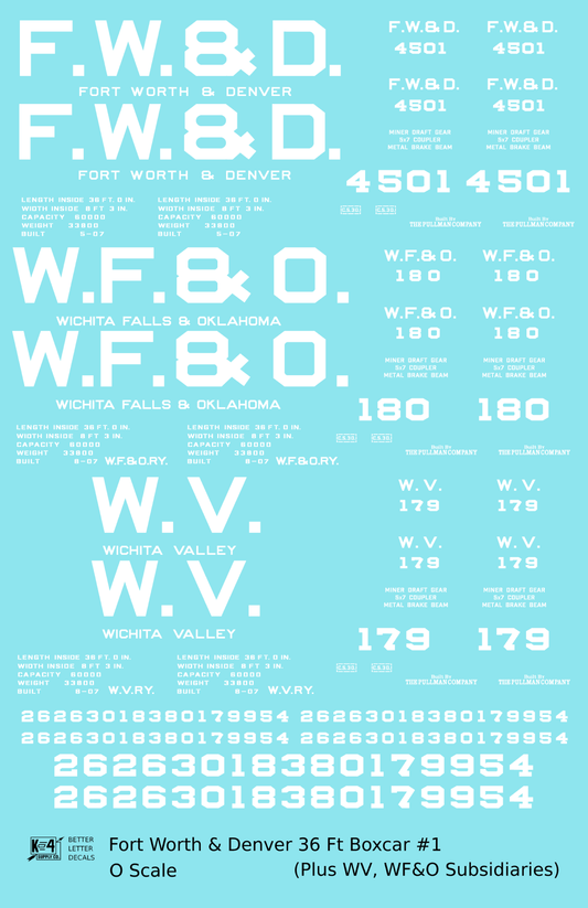 Fort Worth and Denver, Wichita Falls and Oklahoma, Wichita Valley 36 Ft Wood Boxcar White  - Decal Sheet