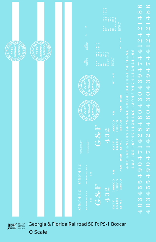 Georgia and Florida 50 Ft PS1 Boxcar White Stripe Car - Decal Sheet