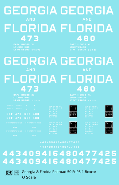 Georgia and Florida 50 Ft PS1 Boxcar White Block Letter - Decal Sheet