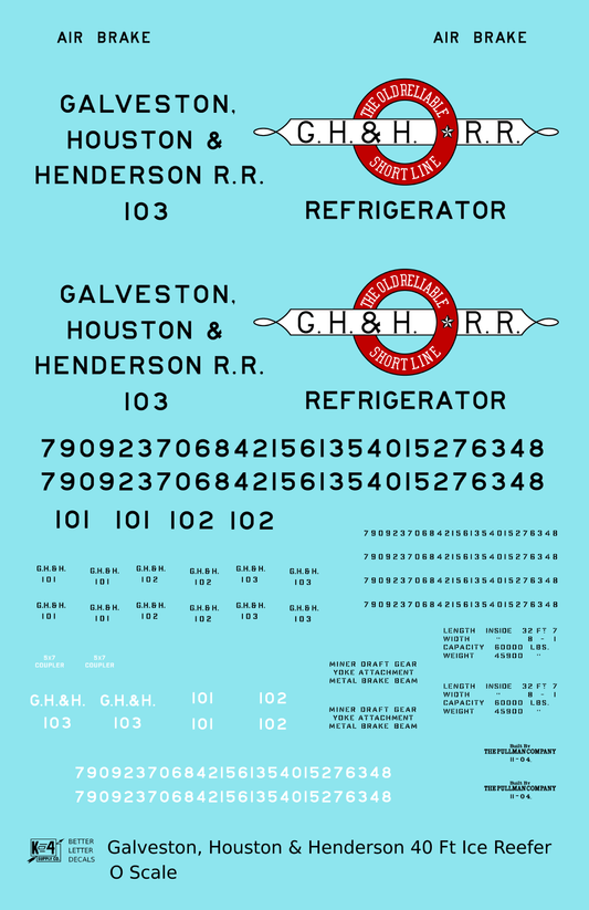 Galveston, Houston and Henderson Wood Ice Reefer Black Red and White Texas - Decal Sheet