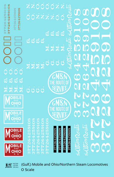 Gulf Mobile & Ohio/Northern Steam Locomotive White and Red GM&O M&O GM&N - Decal Sheet