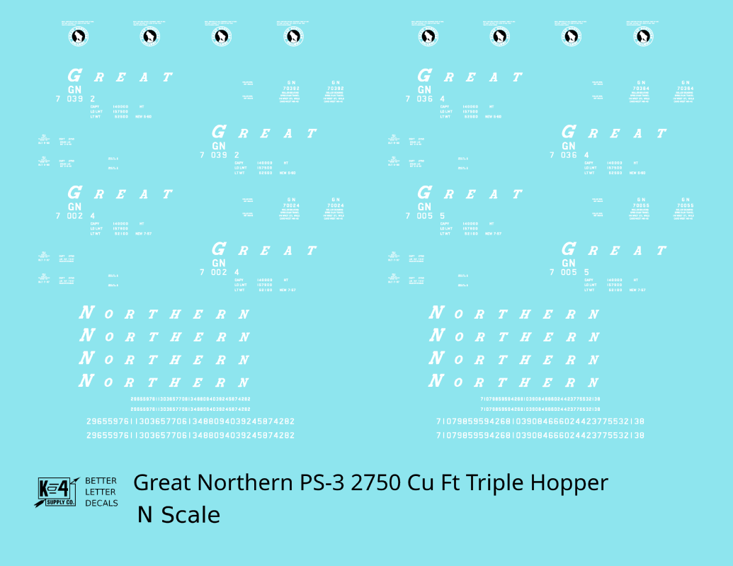 Great Northern PS3 2750 Cuft Triple Hopper White  - Decal - Choose Scale
