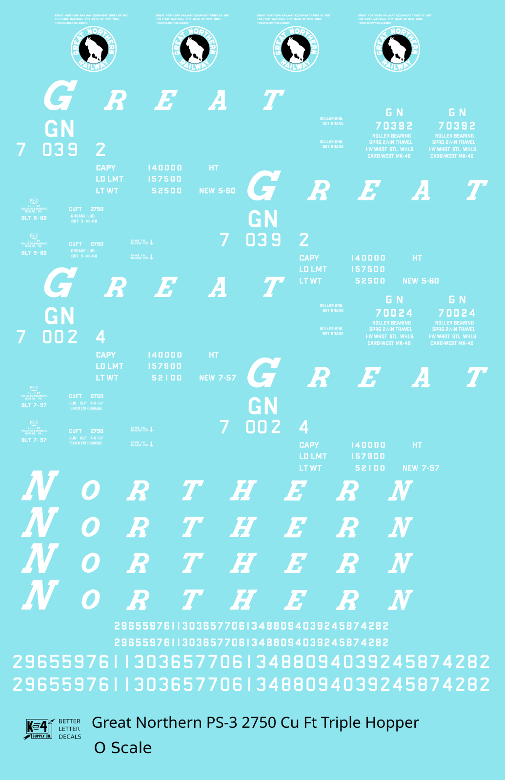 Great Northern PS3 2750 Cuft Triple Hopper White  - Decal - Choose Scale