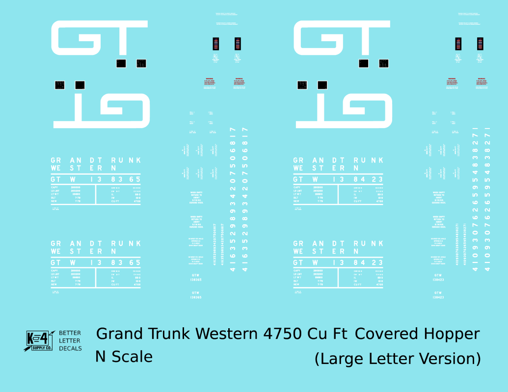 Grand Trunk Western 4750 Cu Ft PS-2CD Covered Hopper White Big Lettering - Decal - Choose Scale