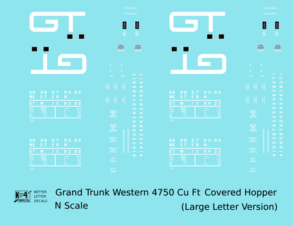 Grand Trunk Western 4750 Cu Ft PS-2CD Covered Hopper White Big Lettering - Decal - Choose Scale