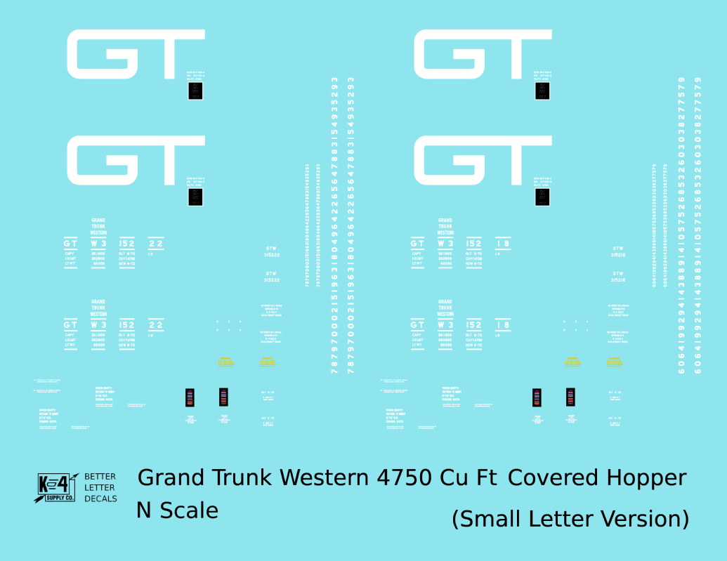 Grand Trunk Western 4750 Cu Ft PS-2CD Covered Hopper White Small Lettering - Decal - Choose Scale